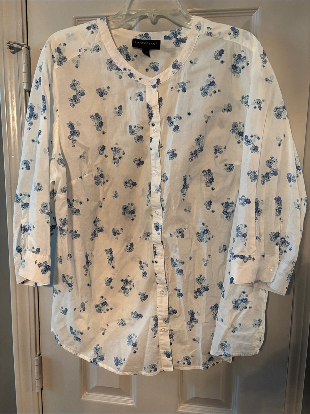 Lane Bryant White Button-Down Top with Blue Floral Print